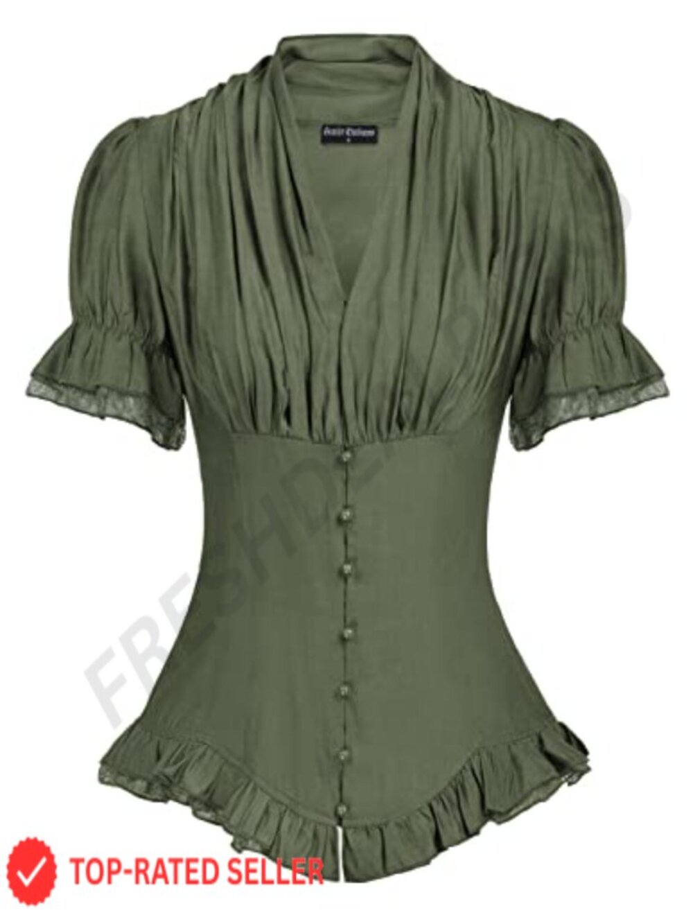 Victorian Blouse Short Puff Sleeve V-Neck Button Down Work Top